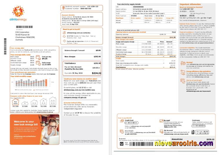 Australia Alinta Energy electricity business utility bill, 2 pages